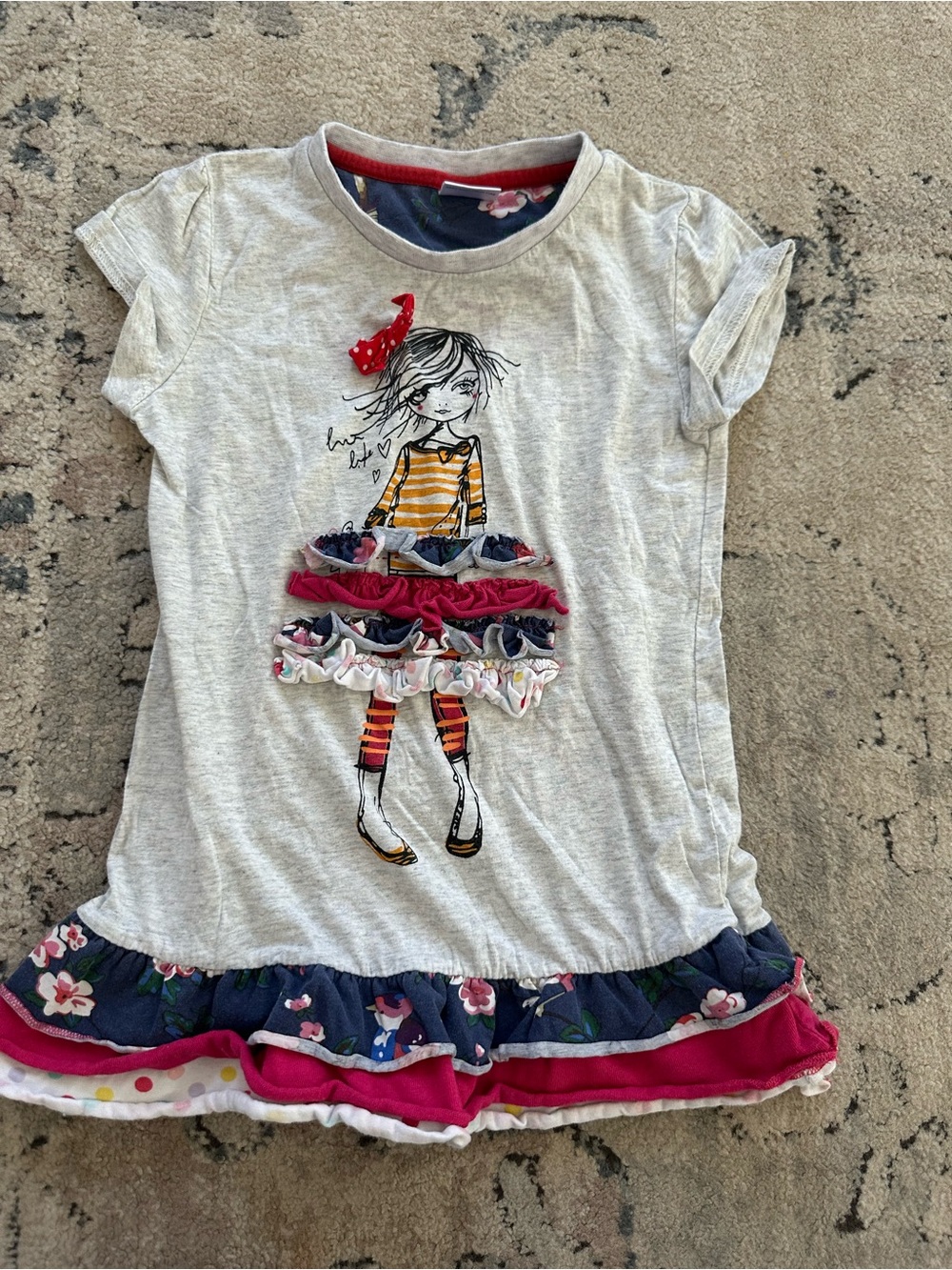 Girls Gray Graphic Ruffle Tee with Pink & Navy Accents